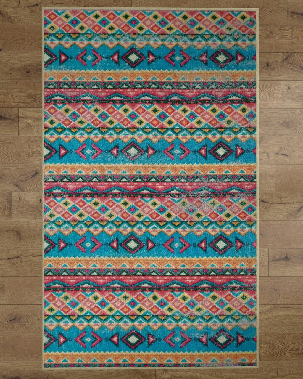 Deerlux Boho Living Room Area Rug with Nonslip Backing, Turquoise Aztec Pattern, 8 x 10 Ft Large